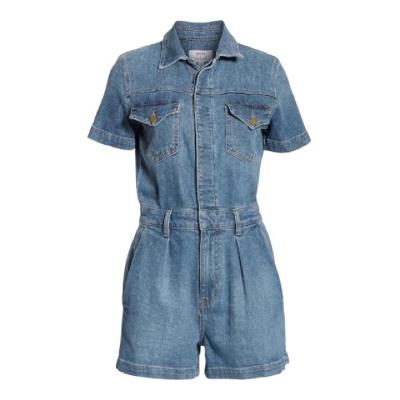Frame Denim Pants - FRAME Denim Jean Romper Short Sleeve Belted Blue Jumpsuit Pleated Front Pockets